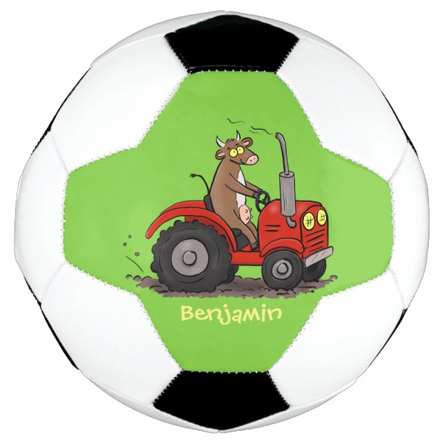Cute happy cow driving a red tractor cartoon football (Front)