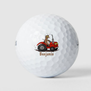 Cute happy cow driving a red tractor cartoon golf balls