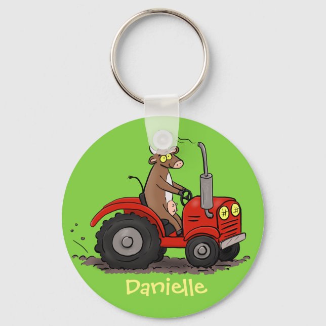 Cute happy cow driving a red tractor cartoon key ring (Front)