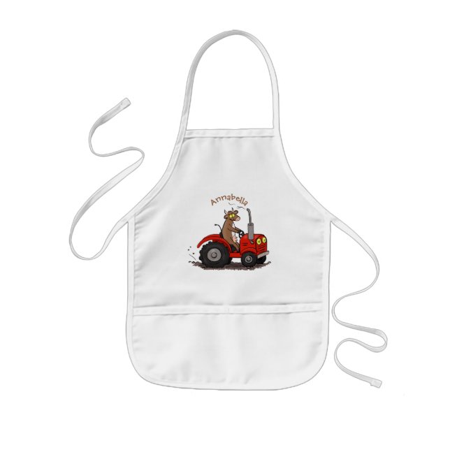 Cute happy cow driving a red tractor cartoon kids apron (Front)