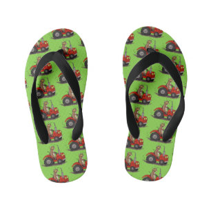 Cute happy cow driving a red tractor cartoon kid's flip flops