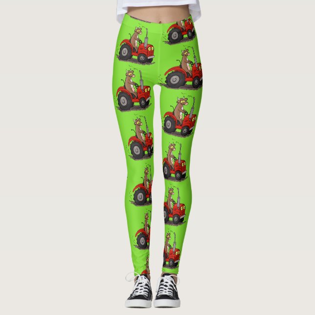 Cute happy cow driving a red tractor cartoon leggings (Front)