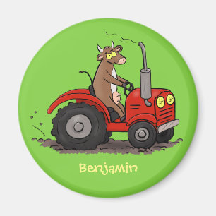 Cute happy cow driving a red tractor cartoon magnet