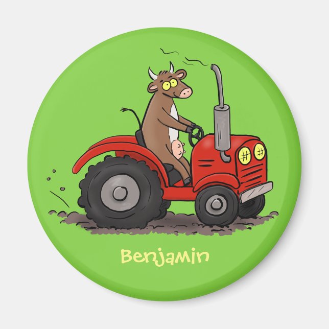 Cute happy cow driving a red tractor cartoon magnet (Front)