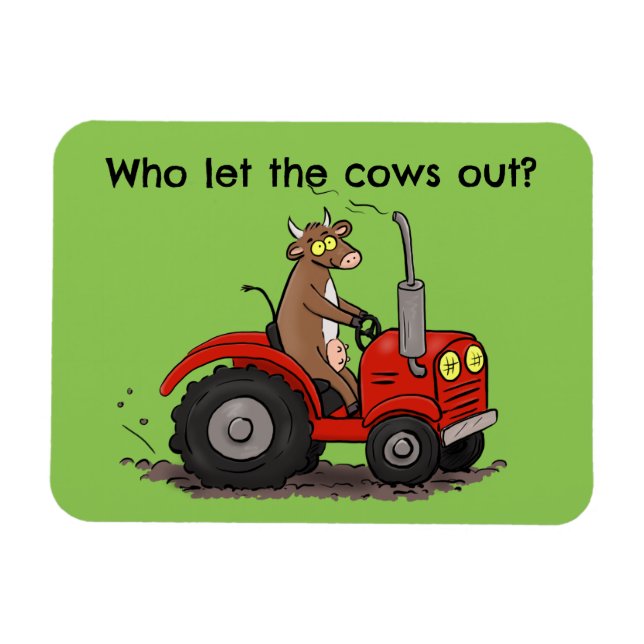 Cute happy cow driving a red tractor cartoon magnet (Horizontal)