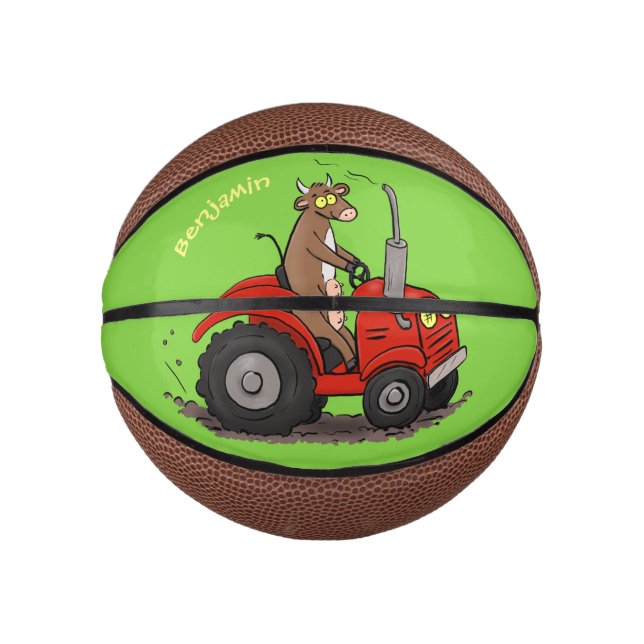Cute happy cow driving a red tractor cartoon mini basketball (Front)
