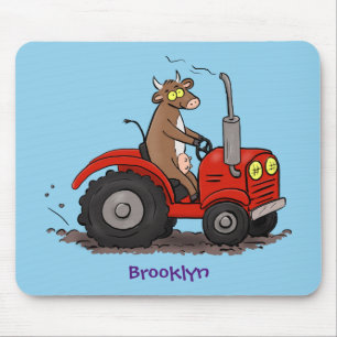 Cute happy cow driving a red tractor cartoon mouse mat