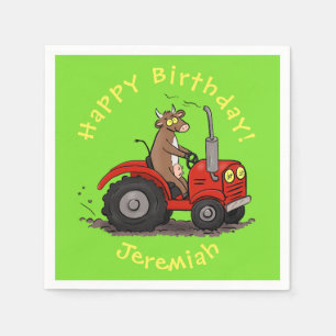 Cute happy cow driving a red tractor cartoon napkin