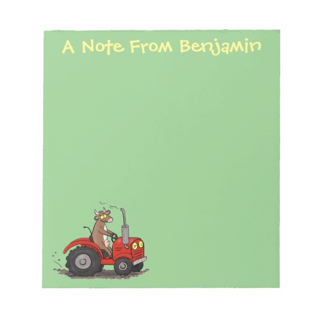 Cute happy cow driving a red tractor cartoon notepad (Front)