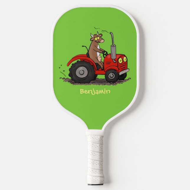 Cute happy cow driving a red tractor cartoon pickleball paddle (Front)