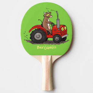 Cute happy cow driving a red tractor cartoon ping pong paddle