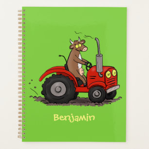 Cute happy cow driving a red tractor cartoon planner