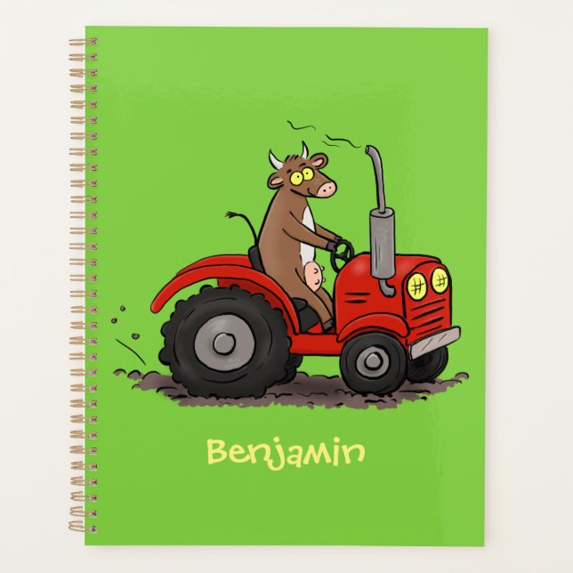 Cute happy cow driving a red tractor cartoon planner (Front)