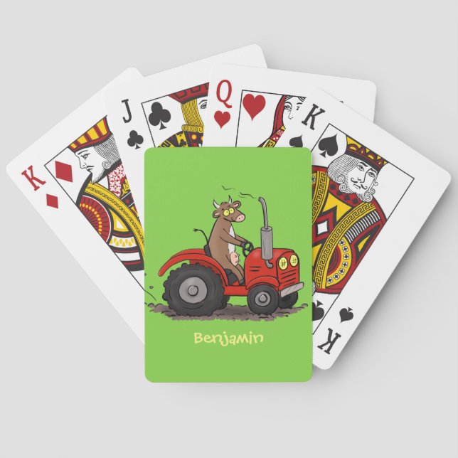 Cute happy cow driving a red tractor cartoon playing cards (Back)