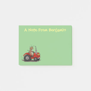 Cute happy cow driving a red tractor cartoon post-it notes