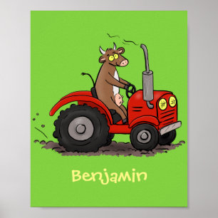 Cute happy cow driving a red tractor cartoon poster