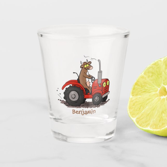 Cute happy cow driving a red tractor cartoon shot glass (Front)