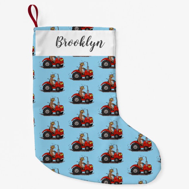 Cute happy cow driving a red tractor cartoon small christmas stocking (Front)