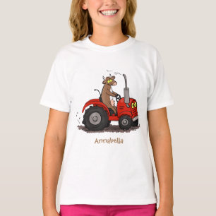Cute happy cow driving a red tractor cartoon T-Shirt