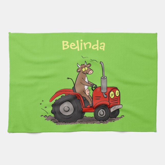 Cute happy cow driving a red tractor cartoon tea towel (Horizontal)