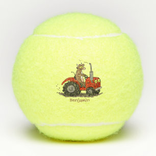Cute happy cow driving a red tractor cartoon tennis balls