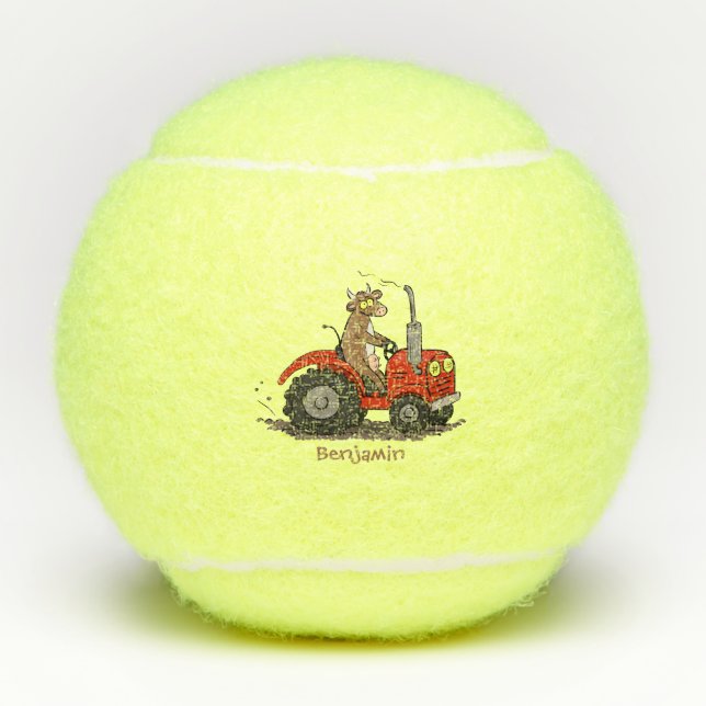 Cute happy cow driving a red tractor cartoon tennis balls (Front)