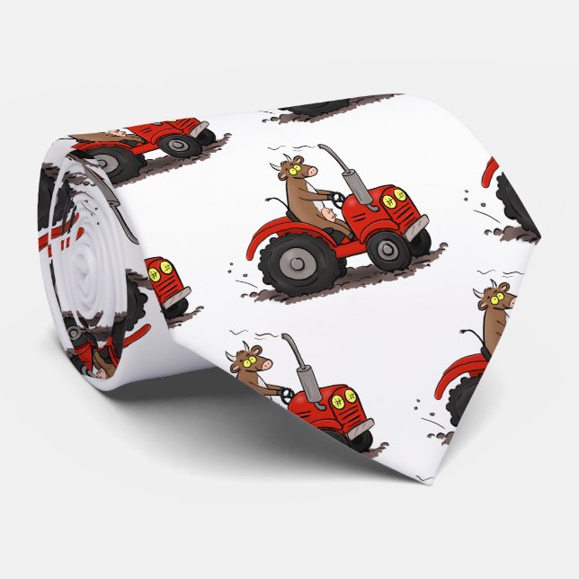 Cute happy cow driving a red tractor cartoon tie (Rolled)