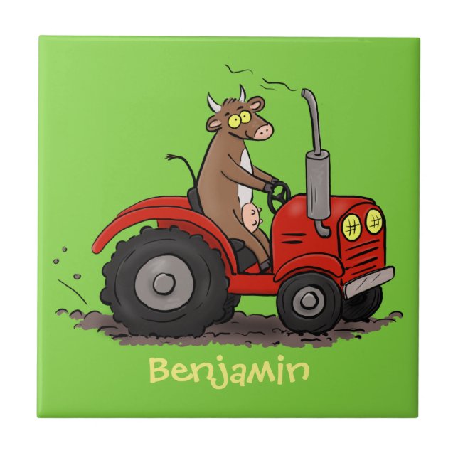 Cute happy cow driving a red tractor cartoon tile (Front)