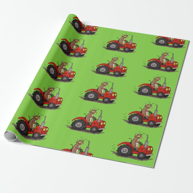 Cute happy cow driving a red tractor cartoon wrapping paper (Unrolled)