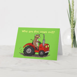 Cute happy cow driving tractor cartoon birthday card