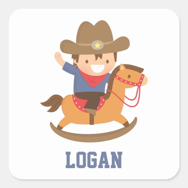 Cute Happy Cowboy on Rocking Horse Personalised Square Sticker (Front)