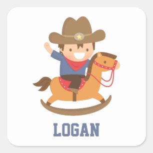 Cute Happy Cowboy on Rocking Horse Personalised Square Sticker