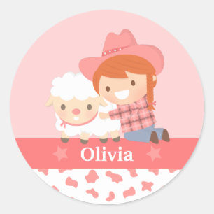 Cute Happy Cowgirl with Lamb For Girls Classic Round Sticker
