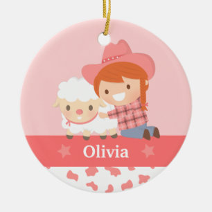 Cute Happy Cowgirl with Lamb Girls Personalised Ceramic Tree Decoration