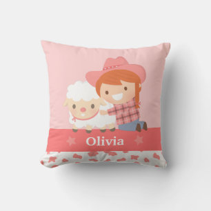 Cute Happy Cowgirl with Lamb Girls Room Decor Cushion
