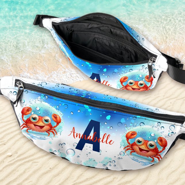 Cute Happy Crab Blue White Summer Vacation Name Bum Bags (Cute Happy Crab Blue White Summer Vacation Name Fanny Pack)