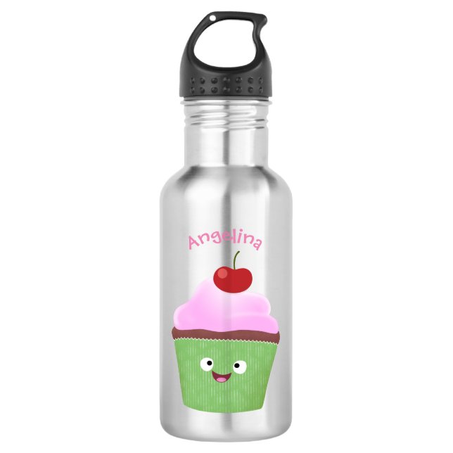 Cute happy cupcake cartoon illustration 532 ml water bottle (Front)