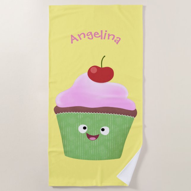 Cute happy cupcake cartoon illustration beach towel (Front)