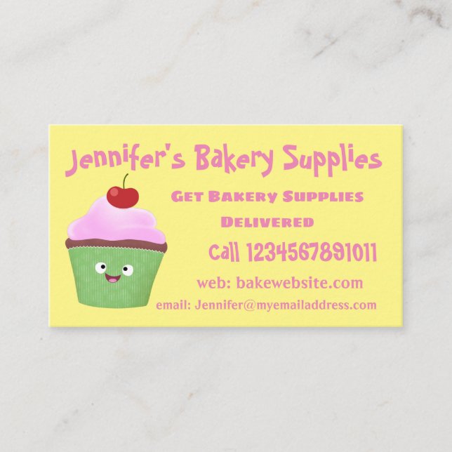 Cute happy cupcake cartoon illustration business card (Front)