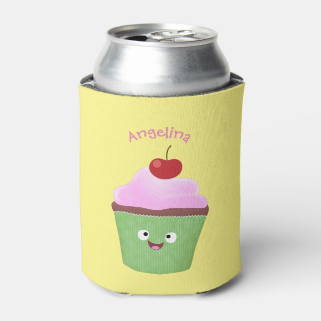 Cute happy cupcake cartoon illustration can cooler (Can Front)