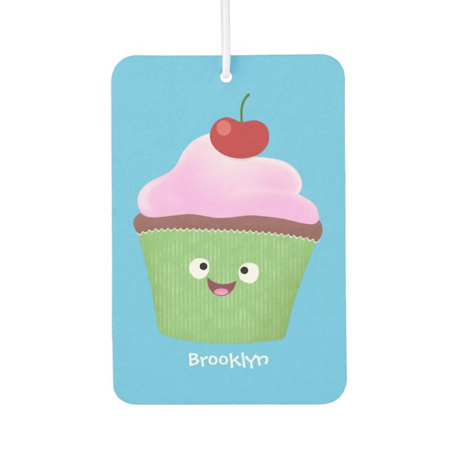 Cute happy cupcake cartoon illustration car air freshener (Front)