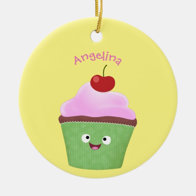 Cute happy cupcake cartoon illustration ceramic tree decoration (Front)