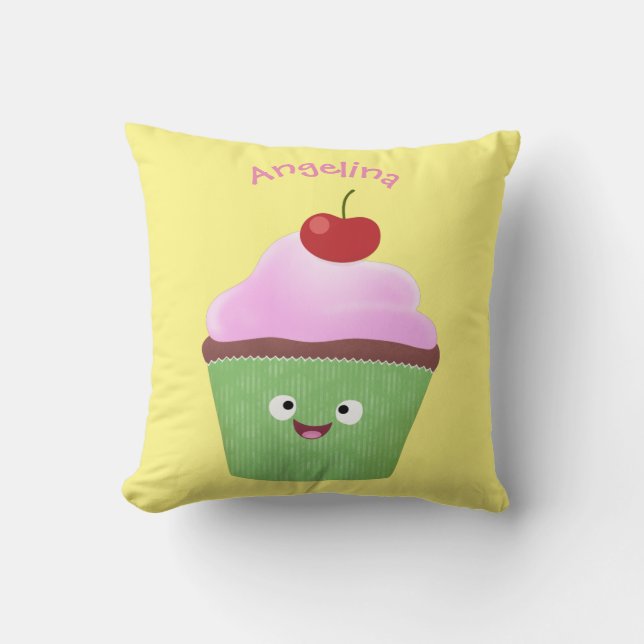 Cute happy cupcake cartoon illustration cushion (Front)