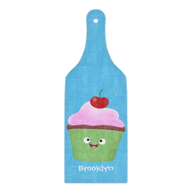 Cute happy cupcake cartoon illustration cutting board (Front)