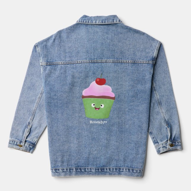 Cute happy cupcake cartoon illustration denim jacket (Back)