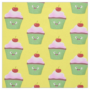 Cute happy cupcake cartoon illustration fabric