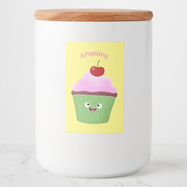 Cute happy cupcake cartoon illustration food label (Front)