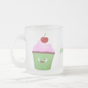 Cute happy cupcake cartoon illustration frosted glass coffee mug