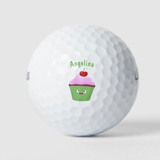 Cute happy cupcake cartoon illustration golf balls (Front)