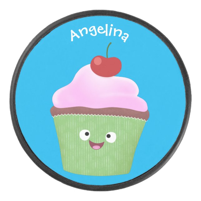 Cute happy cupcake cartoon illustration hockey puck (Front)